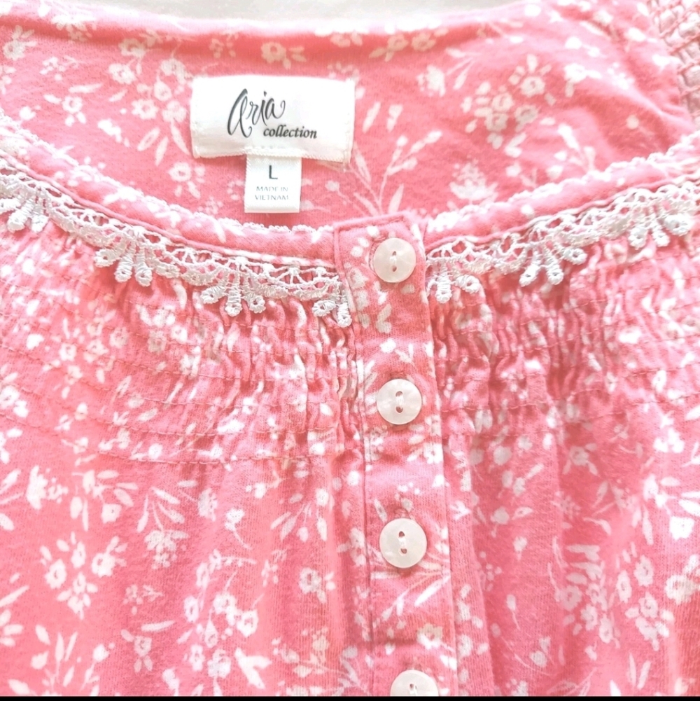 Aria Collection Pink-White Floral Nightgown Lace Trim Scoop Neck SS Pockets  L
